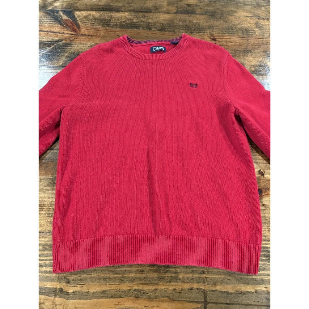 Chaps Sweater Mens Large Red Knit Pullover Crew Neck Logo Solid Hipster Casual